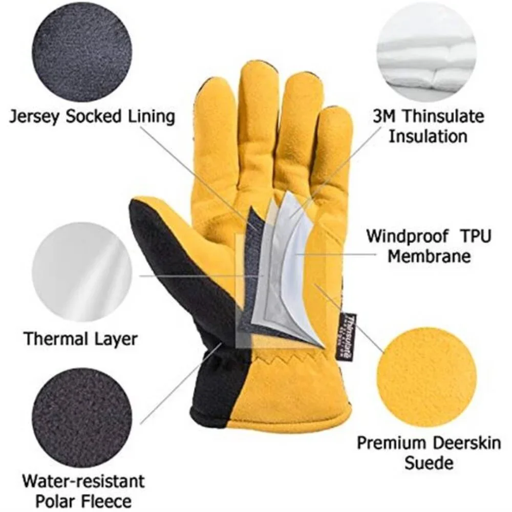 Mens Womens Winter Gloves Deerskin Leather 3M Thinsulate Warm Cold Weather Glove
